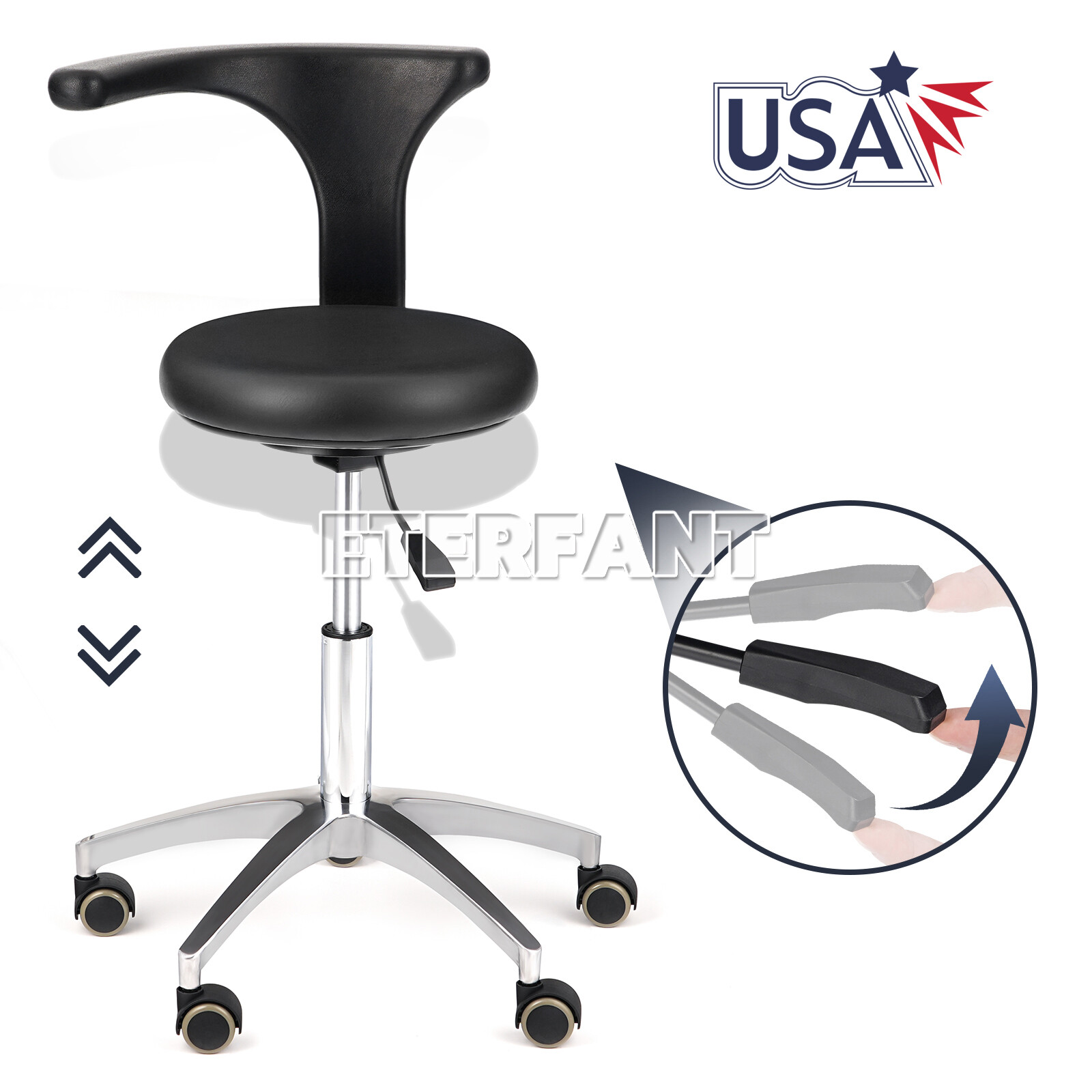 Dental Doctor Assistant Stool Mobile Chair Adjustable Height PU Leather Black