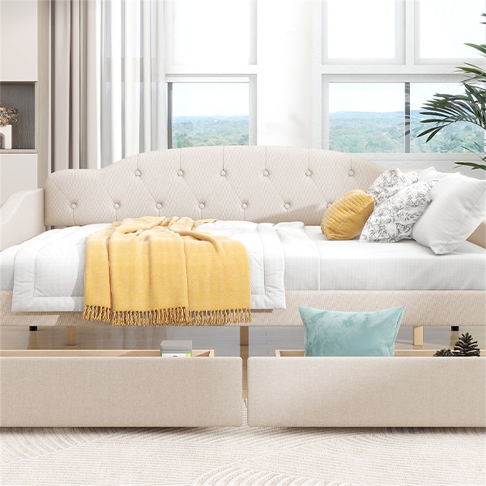 Full Size Daybed Upholstered Bed Frame Sofa Bed with 2 Storage Drawer Beige