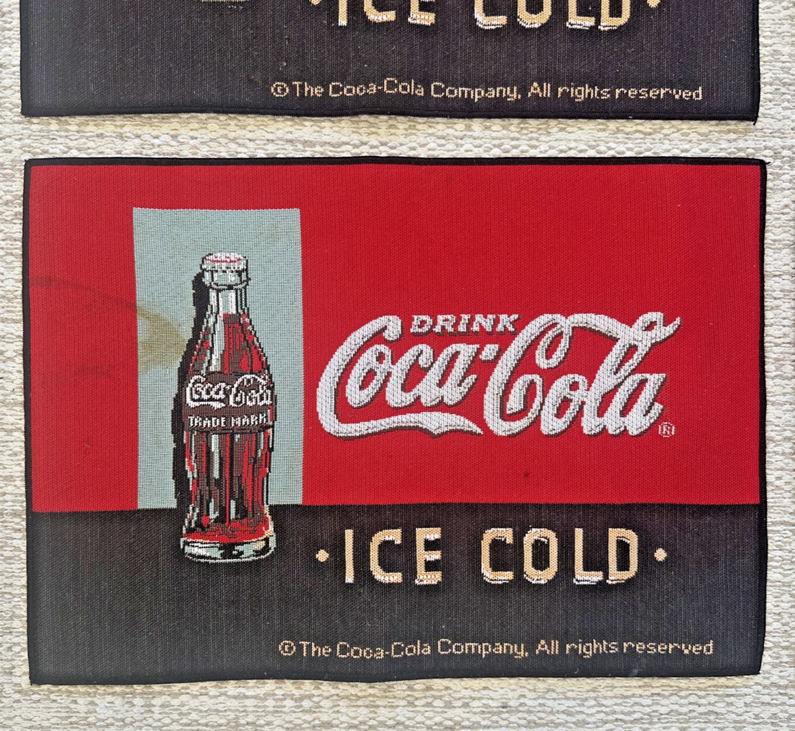 Drink Coca Cola Ice Cold Set of 4 Cloth Table Placemats Red Vtg Coke Ad ~18”x13”