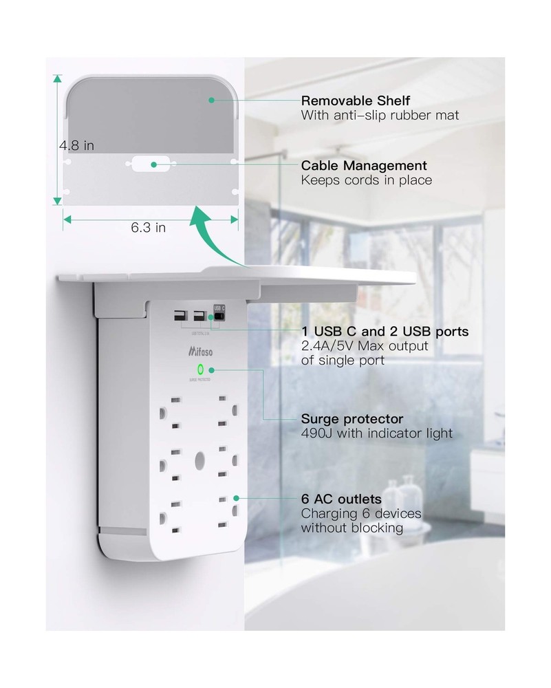 Wall Outlet Extender - Surge Protector 6 AC Outlets Multi Plug Outlet with Sh...