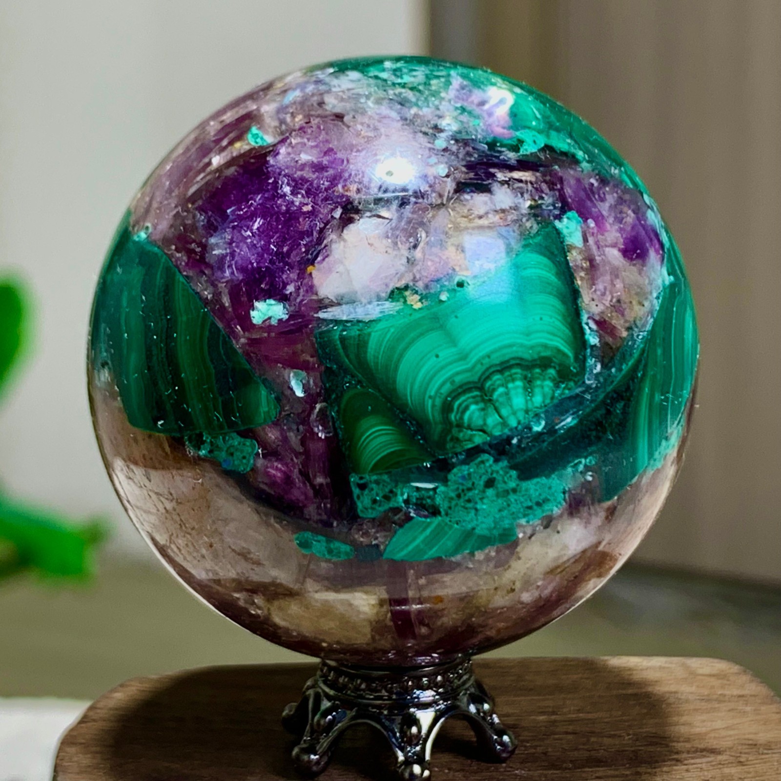 129G Newly discovered rare malachite purple mica symbiotic sphere restoration