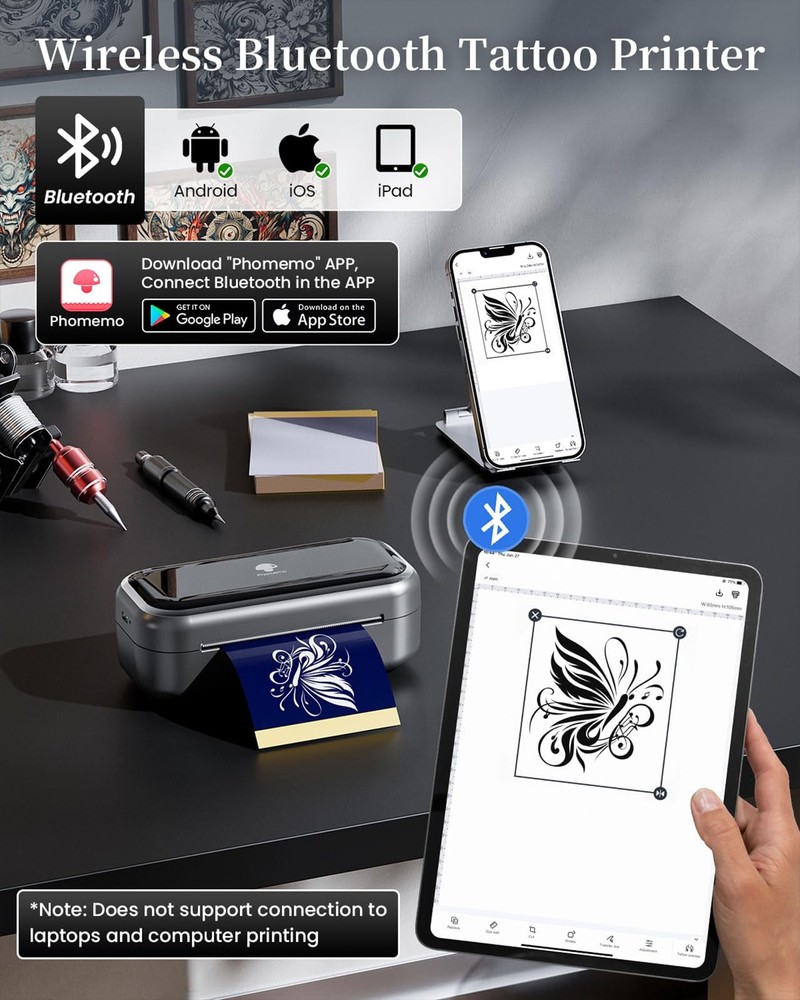 Phomemo TP31 Wireless Tattoo Stencil Printer with 30pcs Transfer Small, Gray