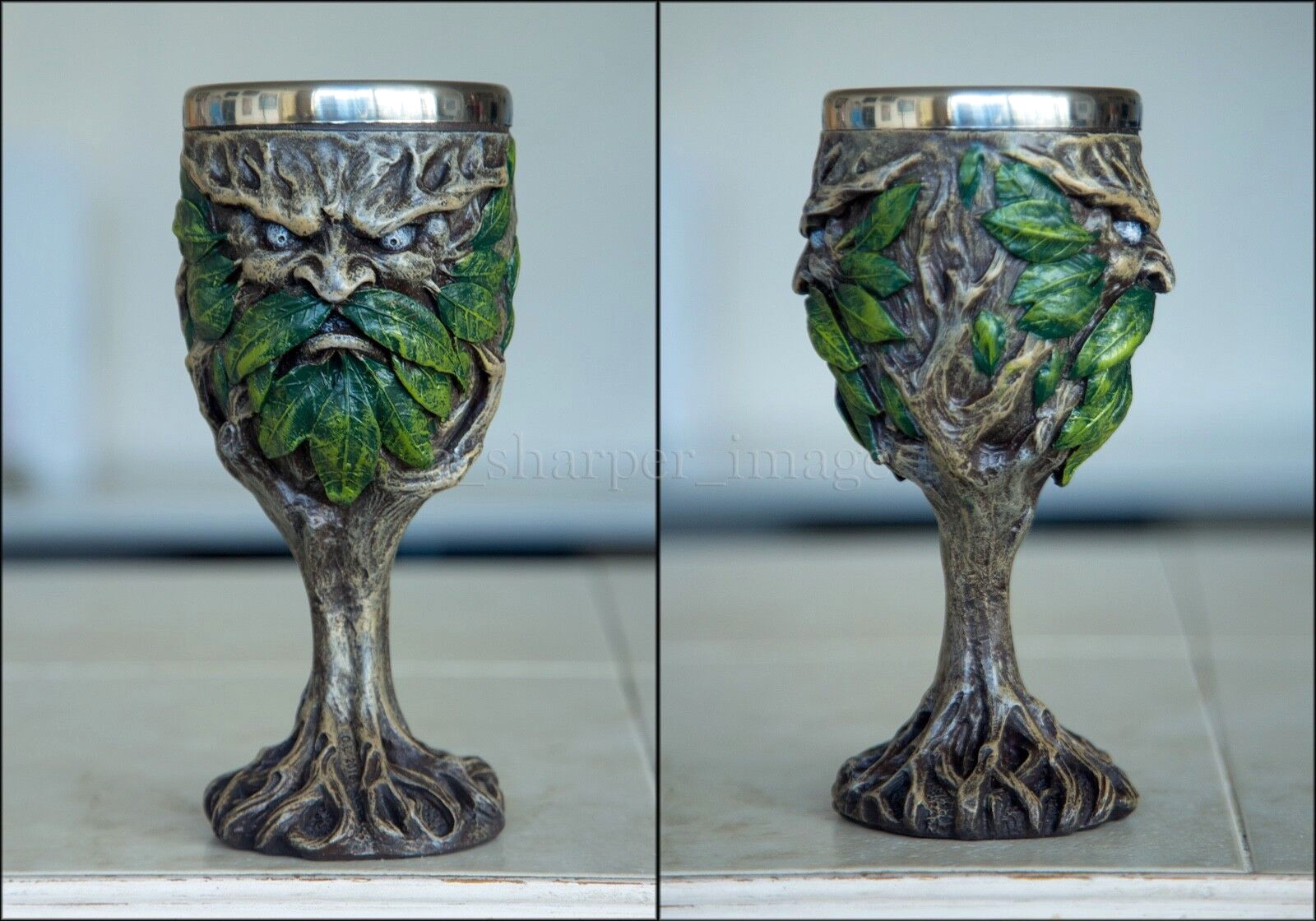 Greenman Wood Spirit 7" Goblet Chalice Hand Painted Fantasy Nature...Beautiful!