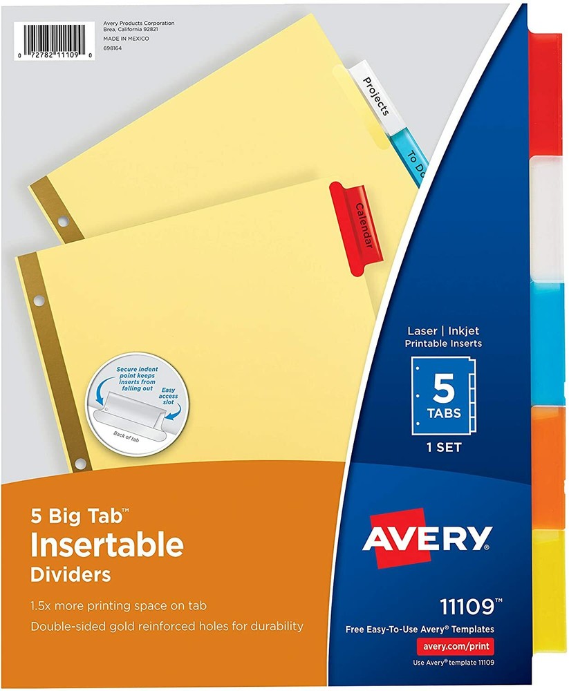 AVERY 5-Tab Binder Dividers, Insertable Multicolor Big Tabs 2 Set Paper Organize