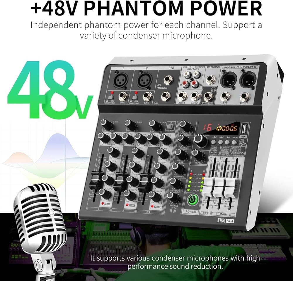 XTUGA KP4 4 Channel Audio Mixer, 16-Bit DSP Effect USB Audio Interface Effects