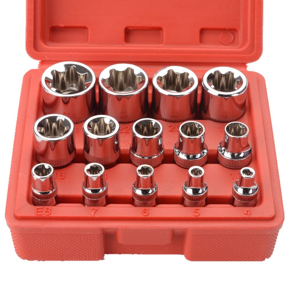 14 Pieces Female Etorx Star Socket Set E4 E24 Torque Socket Set 1/4" 3/8" 1/2" D