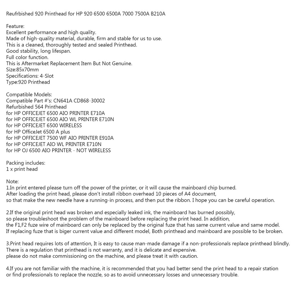 920 Printhead for HP 6500 6500A 7000 7500A E910A E710N B210A Print head CN643