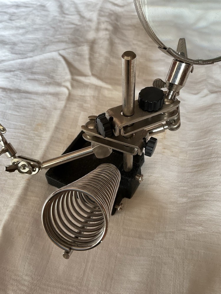 Vintage Adjustable Bench Tool Magnifier Clips Cast Iron Base