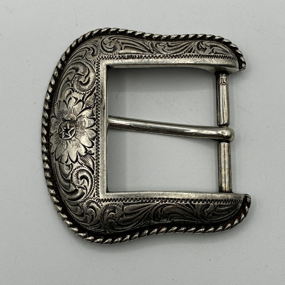 Vintage Western Silverplate Belt Buckle Engraved Floral Scroll Cowboy Rope Edge