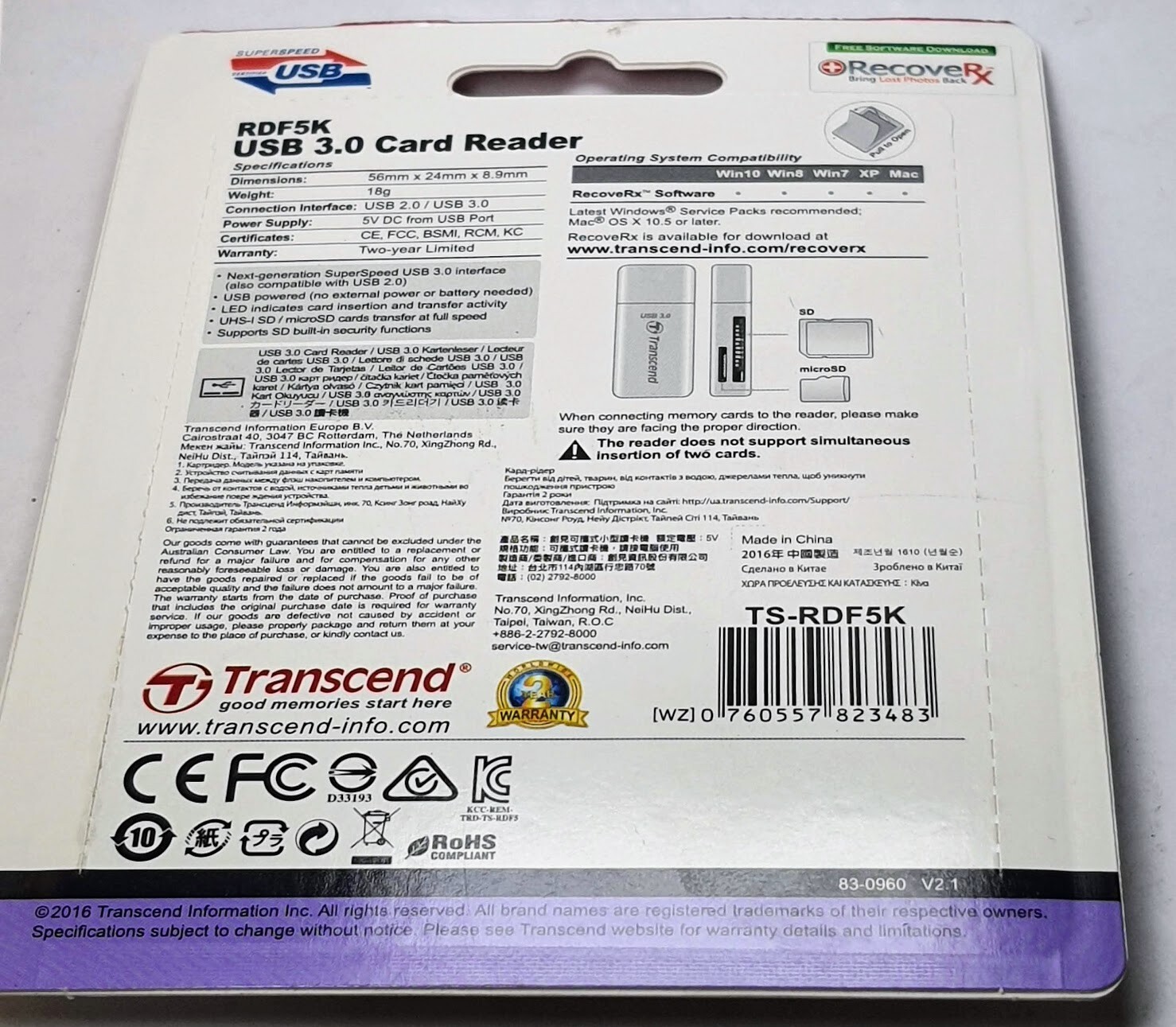 Transcend High-Speed RDF5K USB3.0 SDHC SDXC Micro SDHC Micro SDXC Card Reader SD