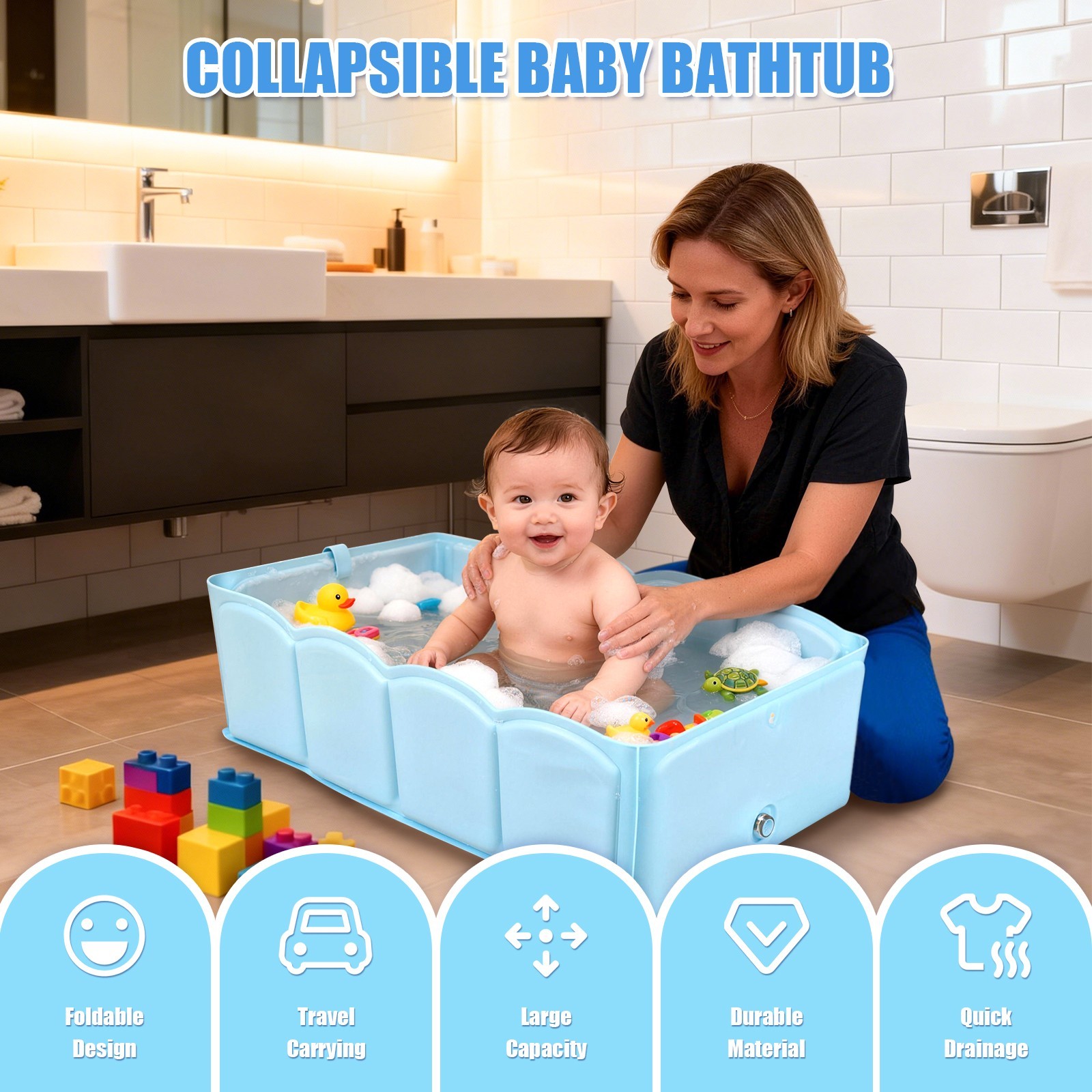 Baby Bathtub Portable Toddler Bathtub Foldable Bath Tub for Travel & Small Space