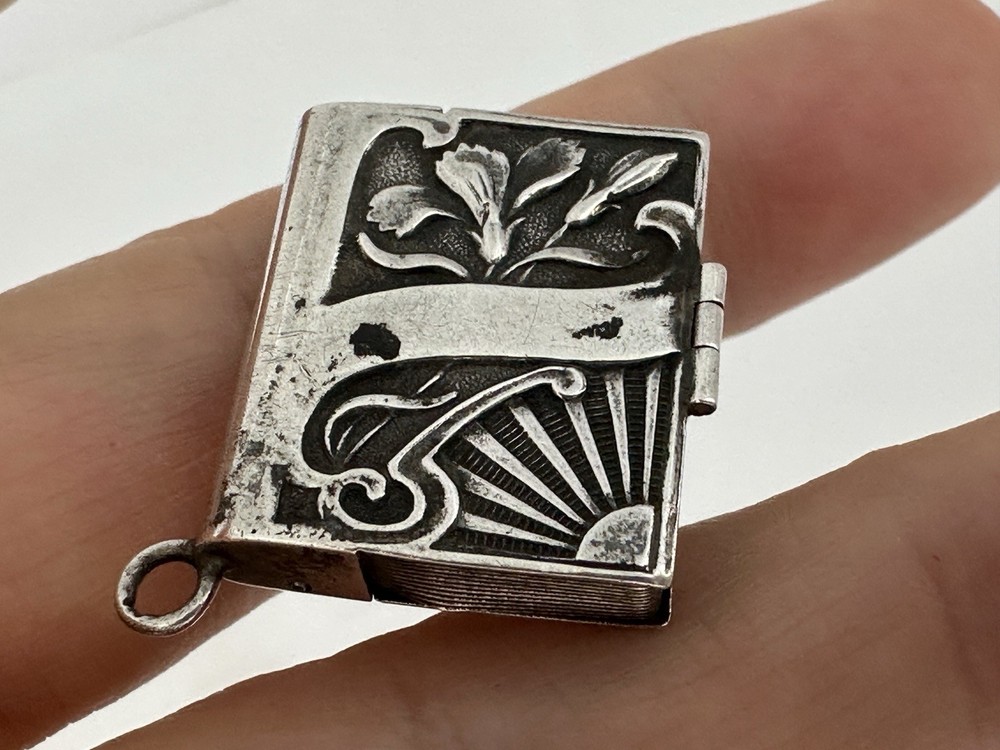 Antique Solid Silver Floral Book Pill Box