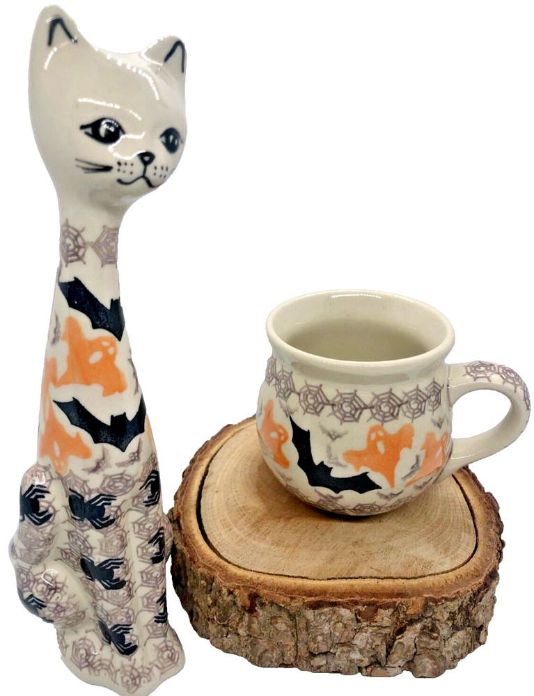 Polish Pottery Medium Bubble Mug Coffee Tea Pattern BOO Ghosts Bats Spiders