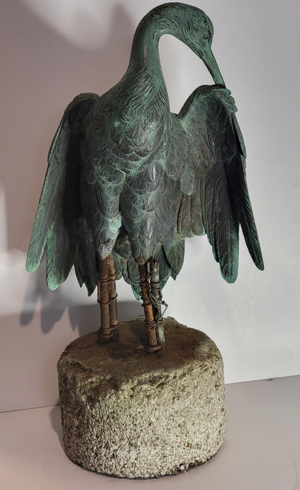 Antique 13" Bronze Verdigris Fountain Crane Salvaged Highly Detailed 9.8 LBS