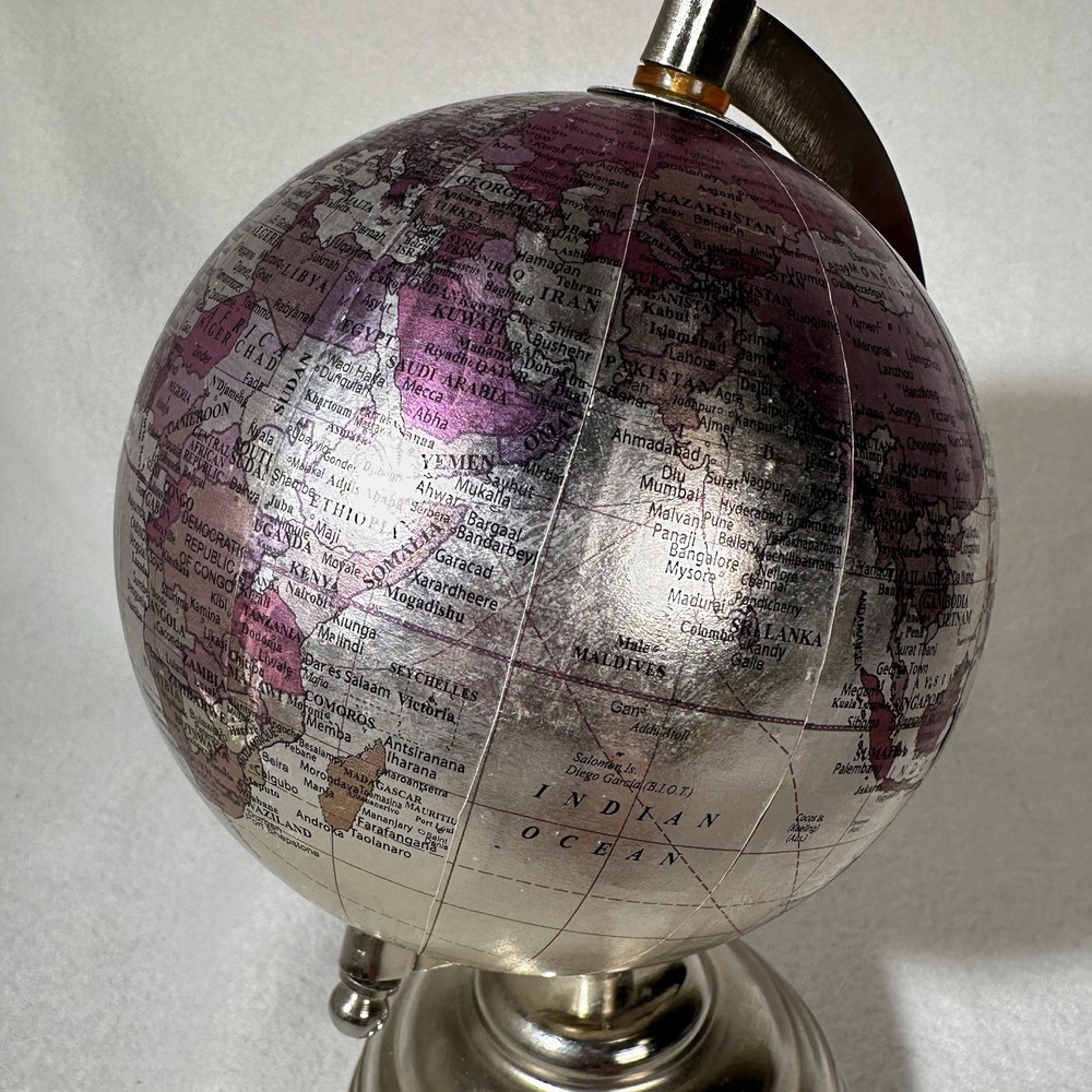 Small 9” Silver Globe Spins On Axis with Base