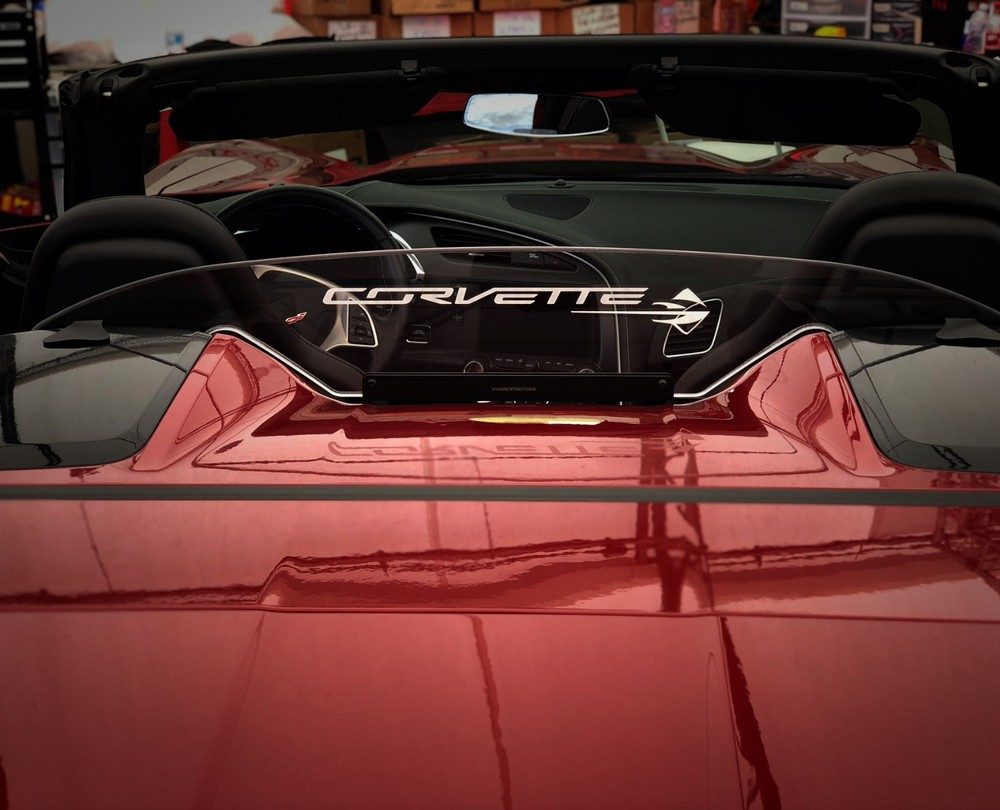 Etched and red Illuminated Wind Restrictor® wind deflector Stingray Corvette C7