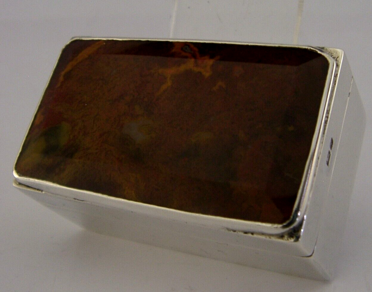 STUNNING HEAVY SOLID STERLING SILVER AGATE TABLE SNUFF BOX 1991 ENGLISH 82g