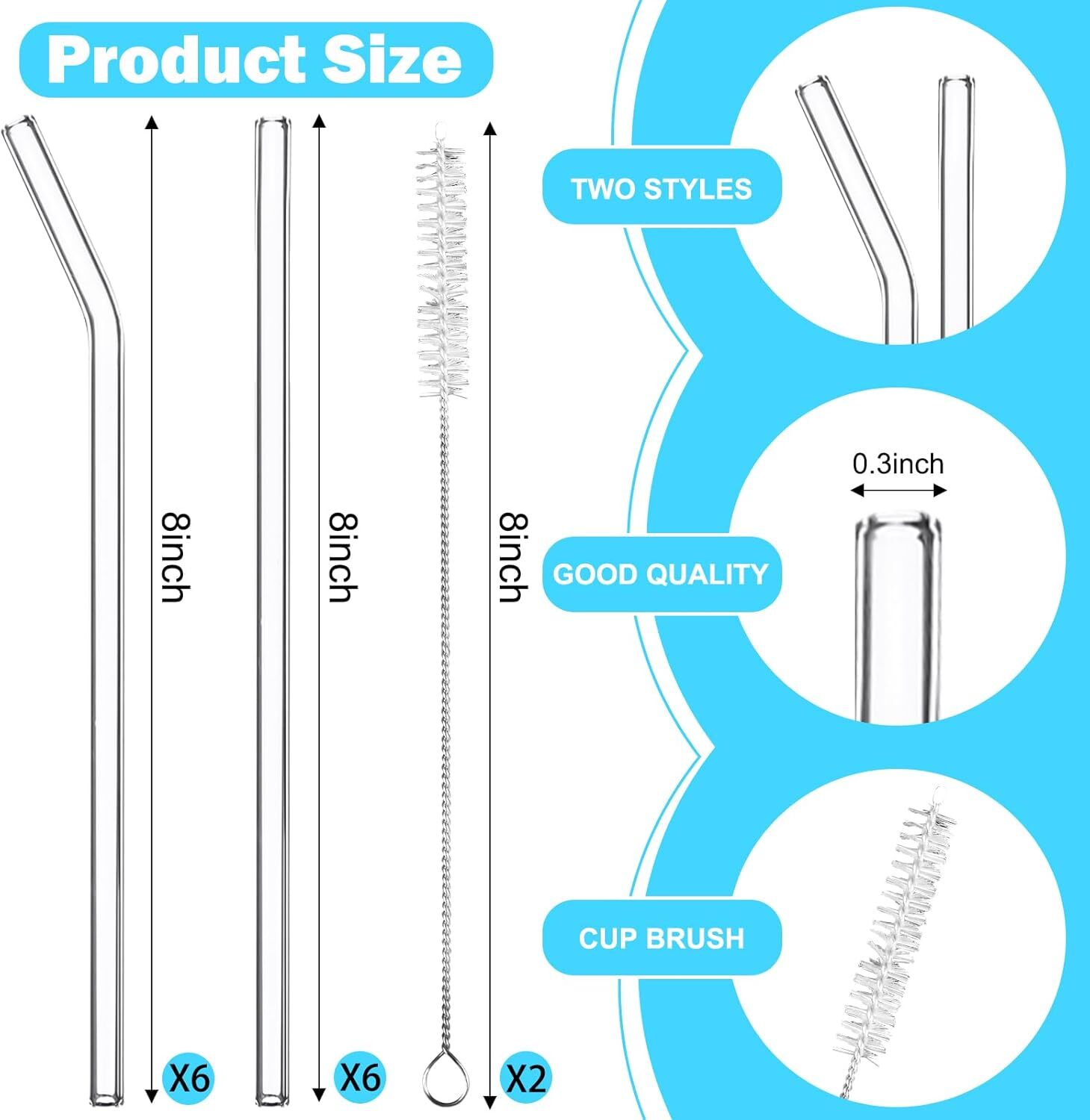 12 Pcs Reusable Glass Drinking Straws 6 Straight & 6 Bent 8x8mm with 2 Brushes