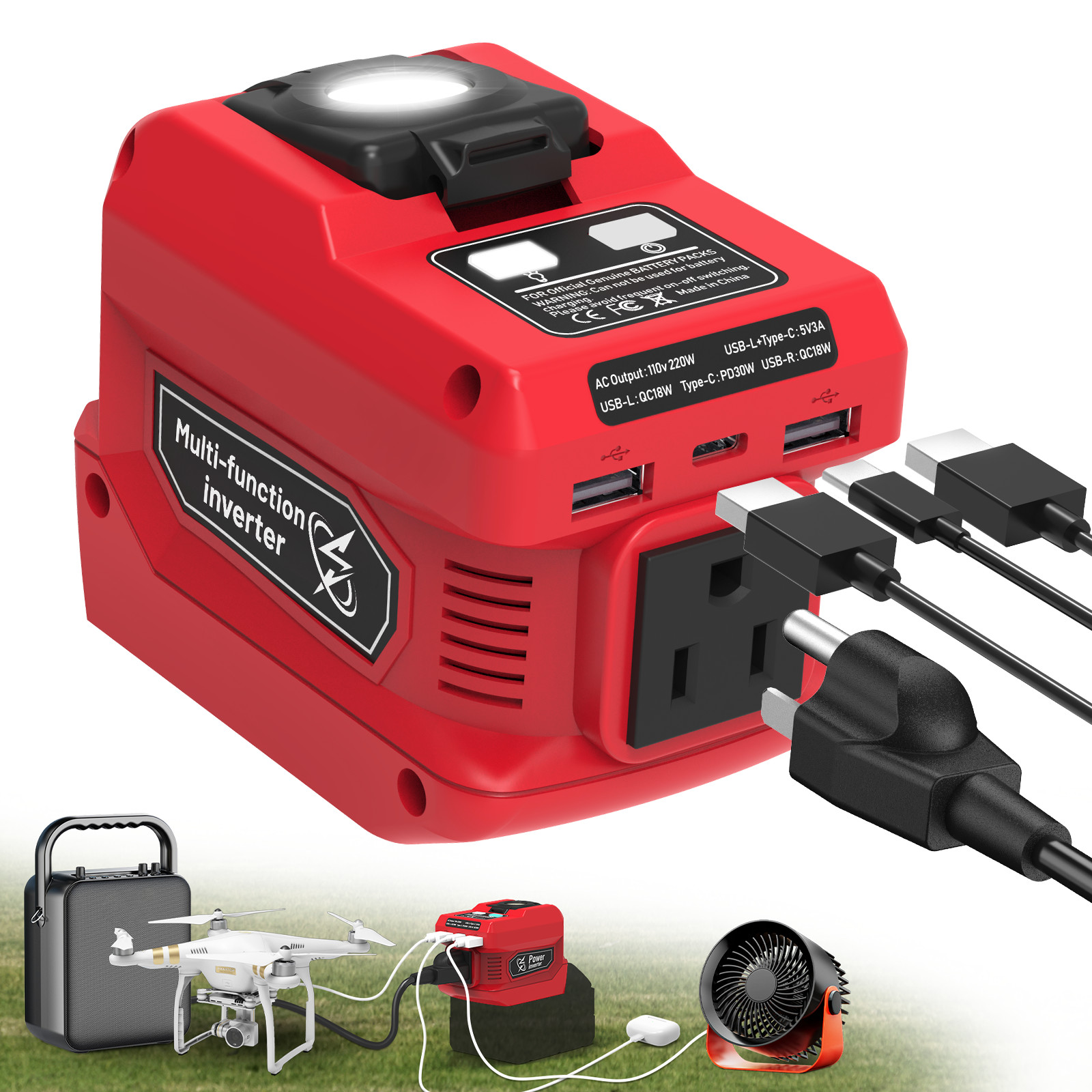 220W Power Inverter Compatible with Milwaukee 18V Battery, DC 18V to 110V