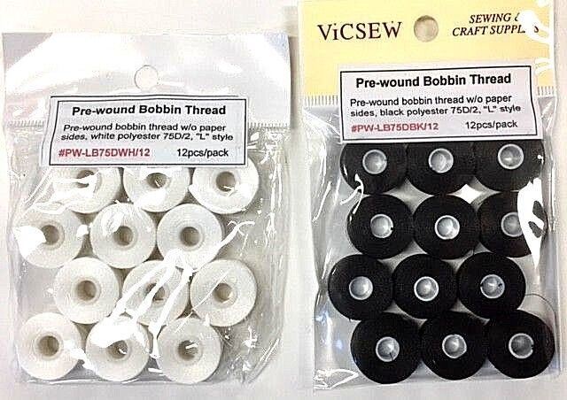 Pre-wound Bobbin Thread Polyester 75D/2 "L" Size Black or White Colour