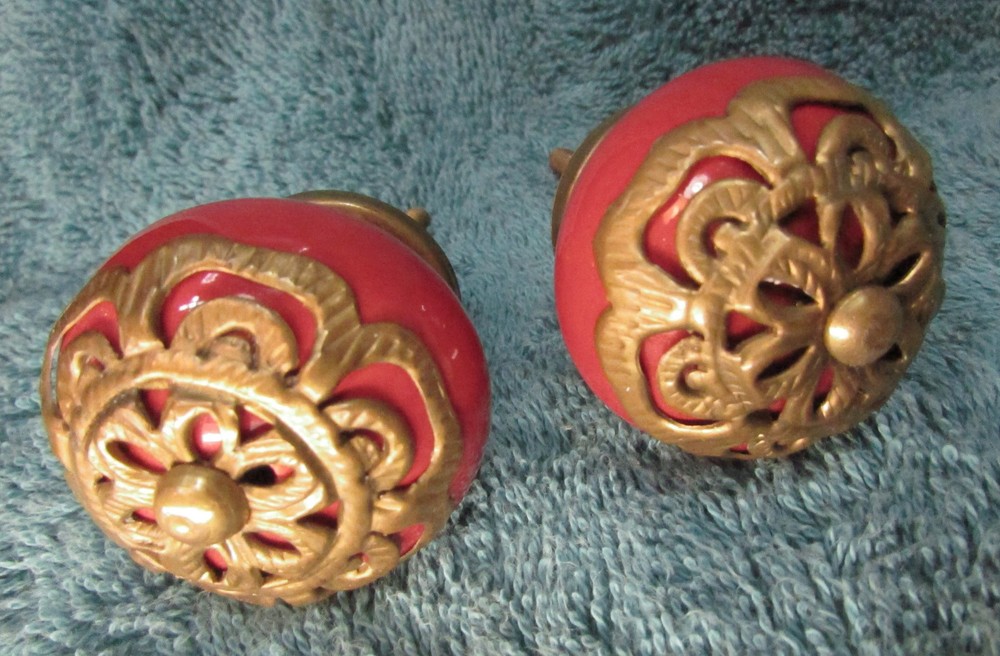 Set of 2 Large RED Round CERAMIC KNOBS with Brass Flower Decorative Drawer Pulls