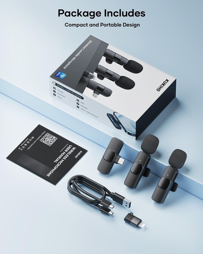2 Pack Wireless Lavalier Microphone for iPhone iPad and Android Phone Lapel Mic
