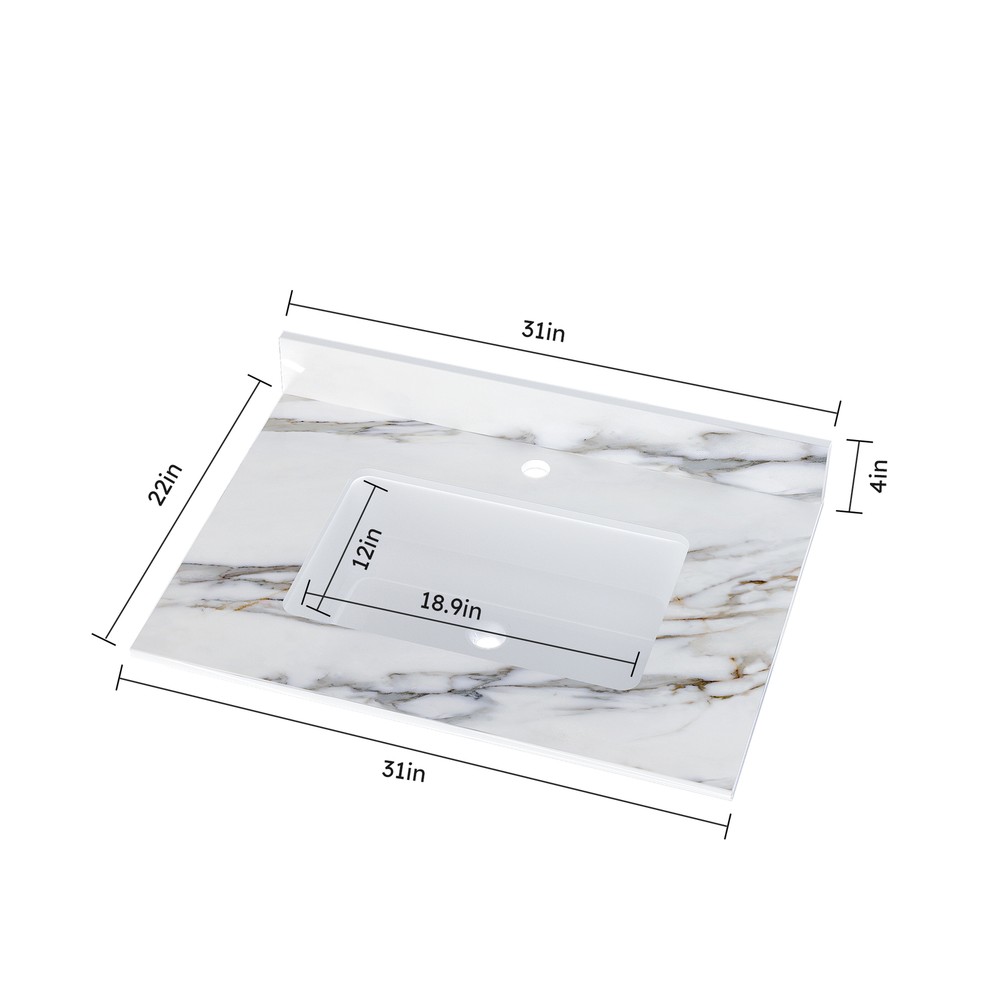 31 In Marble Vanity Top Sintered Stone Undermount Rectangular Sink + Backsplash