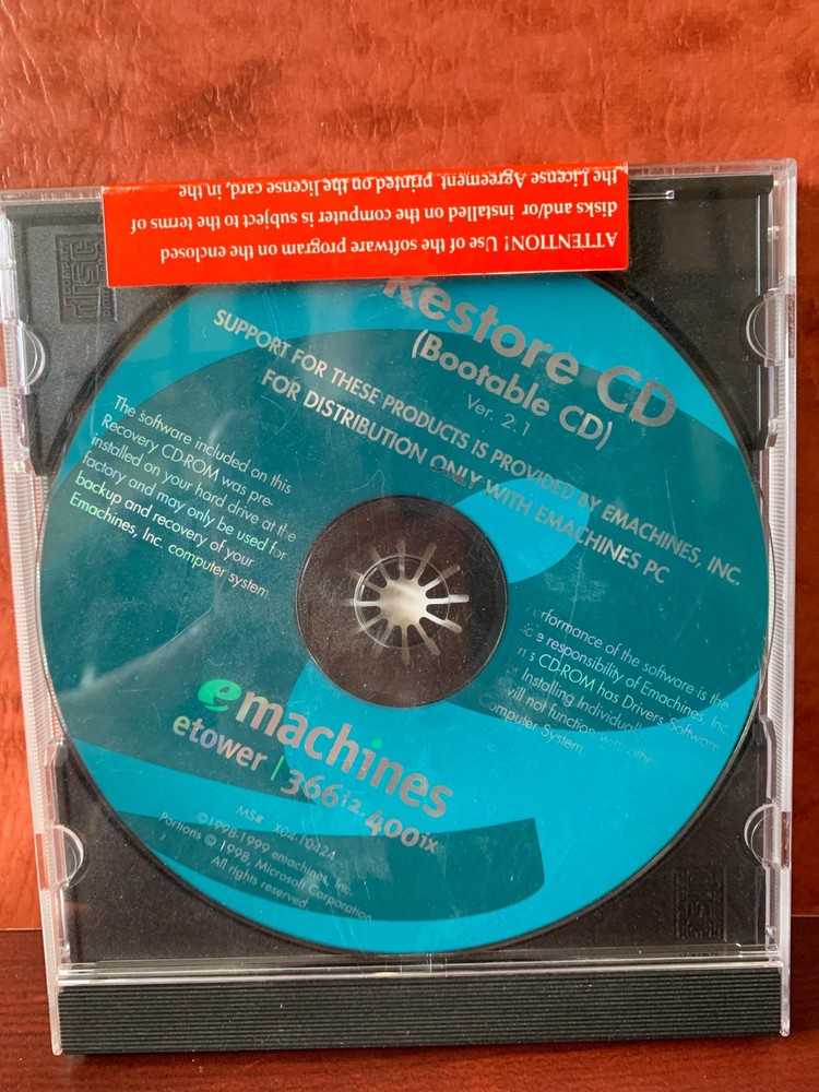 Emachine Sealed Etower Restore CD Etower 366i2 400ix Bootable CD ROM