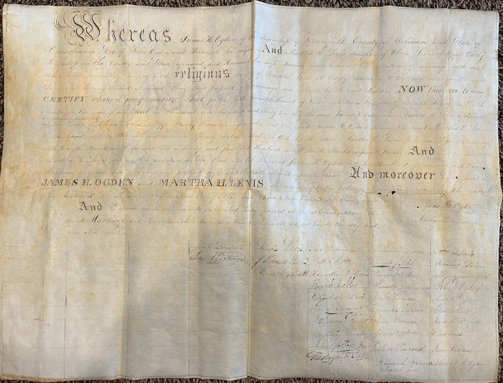 Rare Vintage Quaker Marriage Certificate Late 18th Century Delaware County PA!