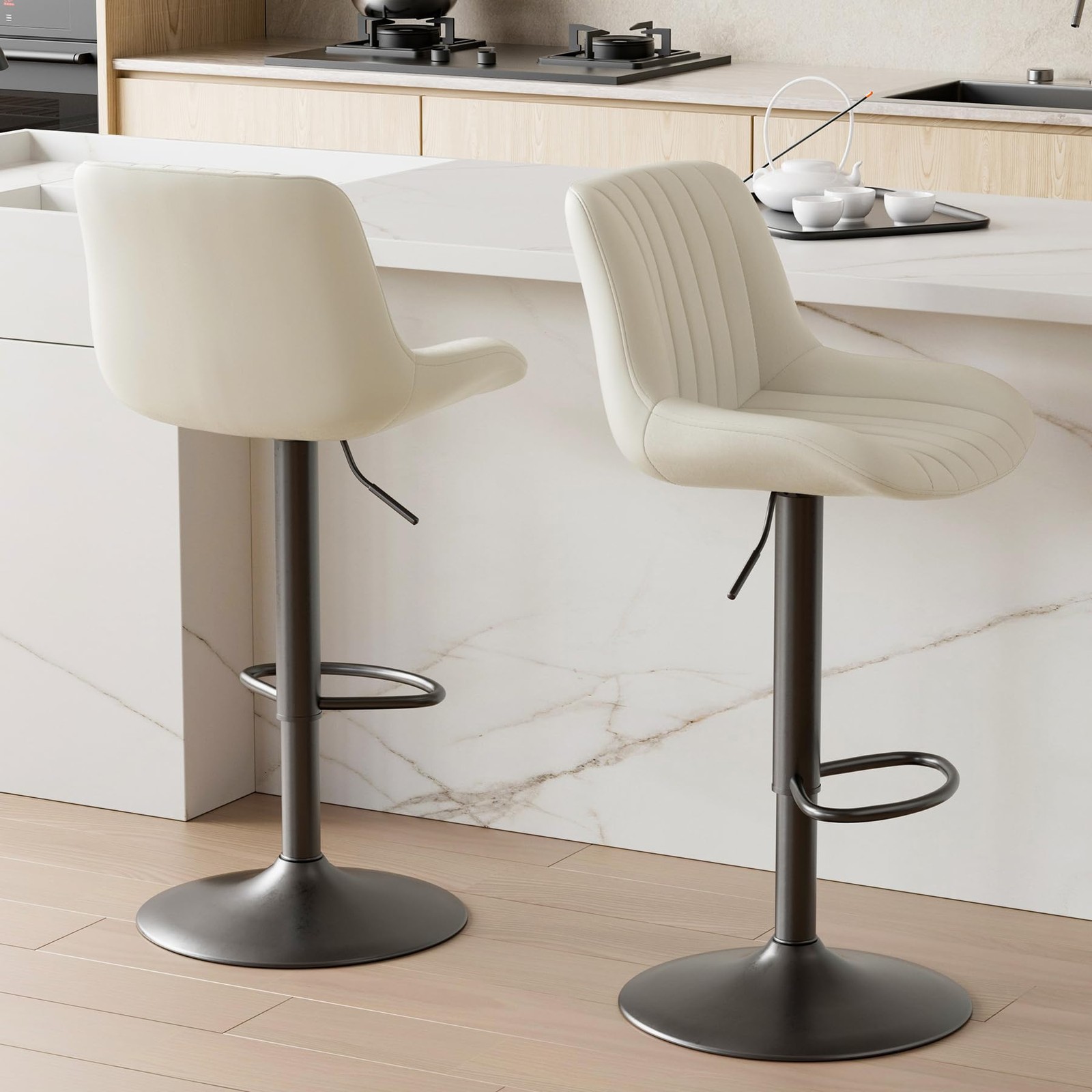 Set of 2 Bar Stools with Backs Adjustable Swivel Counter Height Fabric Off-White