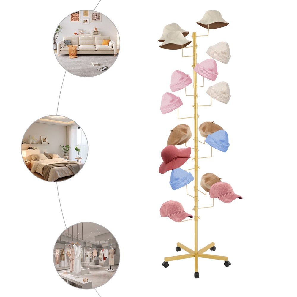 Freestanding Hat Display Rack with Adjustable Hooks & Lockable Wheels