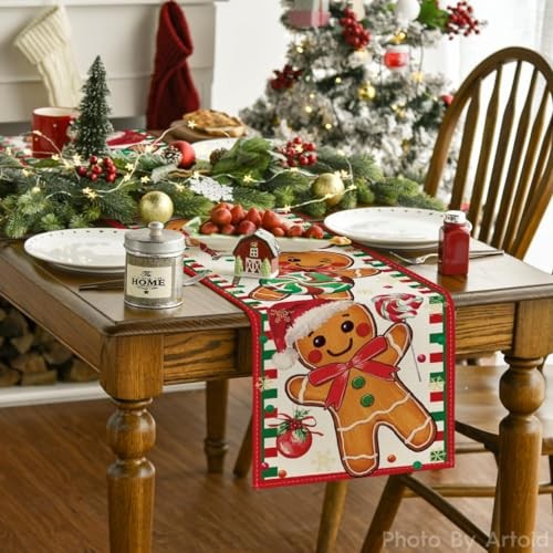 Gingerbread Candy Cane Christmas Table Runner, 13" x 72", Table Runner Red