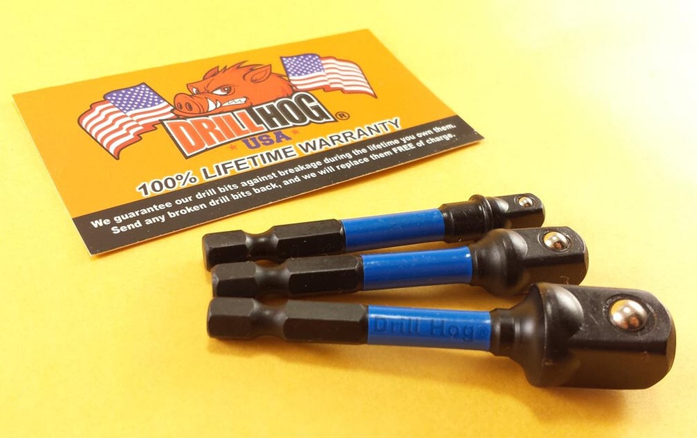 Drill Hog® Socket Adapter Set Hex Shank 1/4", 3/8", 1/2", Impact Driver M7 Blue