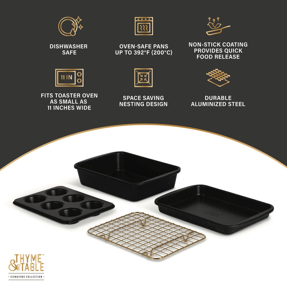 Black & Gold Thyme & Table 4-Piece Stackable Toaster Oven Bakeware Set
