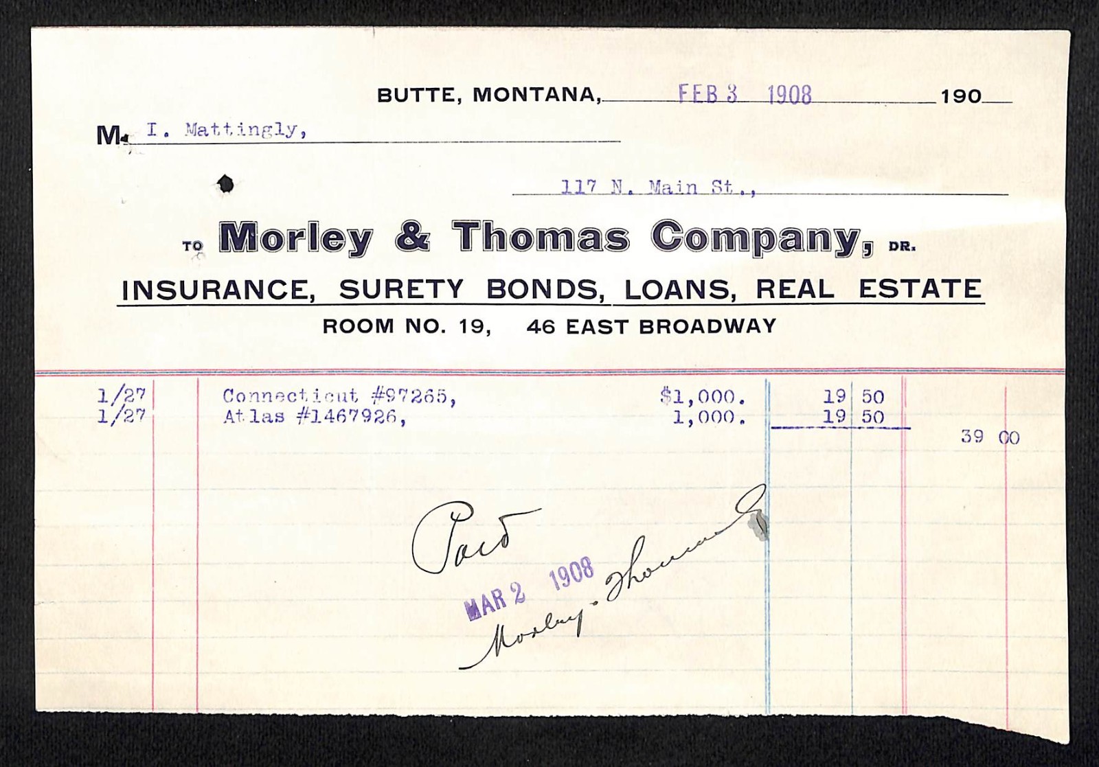 1908 Morley & Thomas Co. Ins. RE Loans / Butte, MT Billhead to I. Mattingly