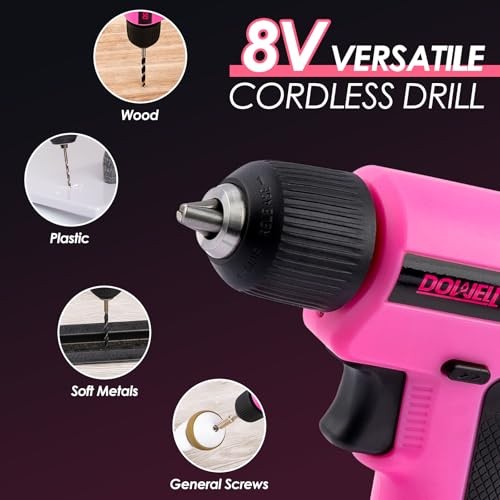 8V Cordless Drill Tool Set 58 PCS, Built-in LED, Variable Speed, Type-C Pink