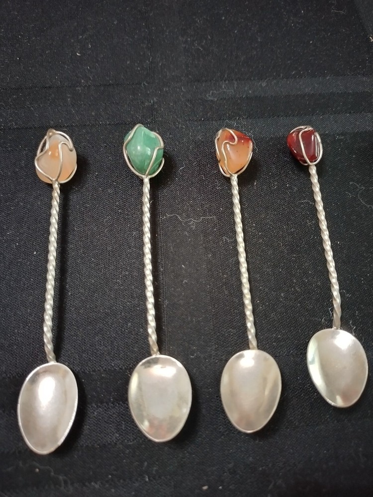 Set of 6 Silver and gemstone demi-tass spoons