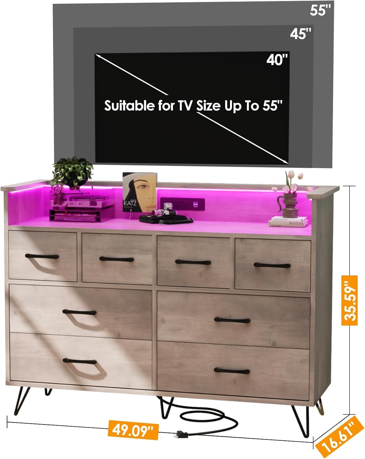 8-Drawer Dresser for Bedroom with LED Light & Power Outlet, 49.1" Wooden Dresser