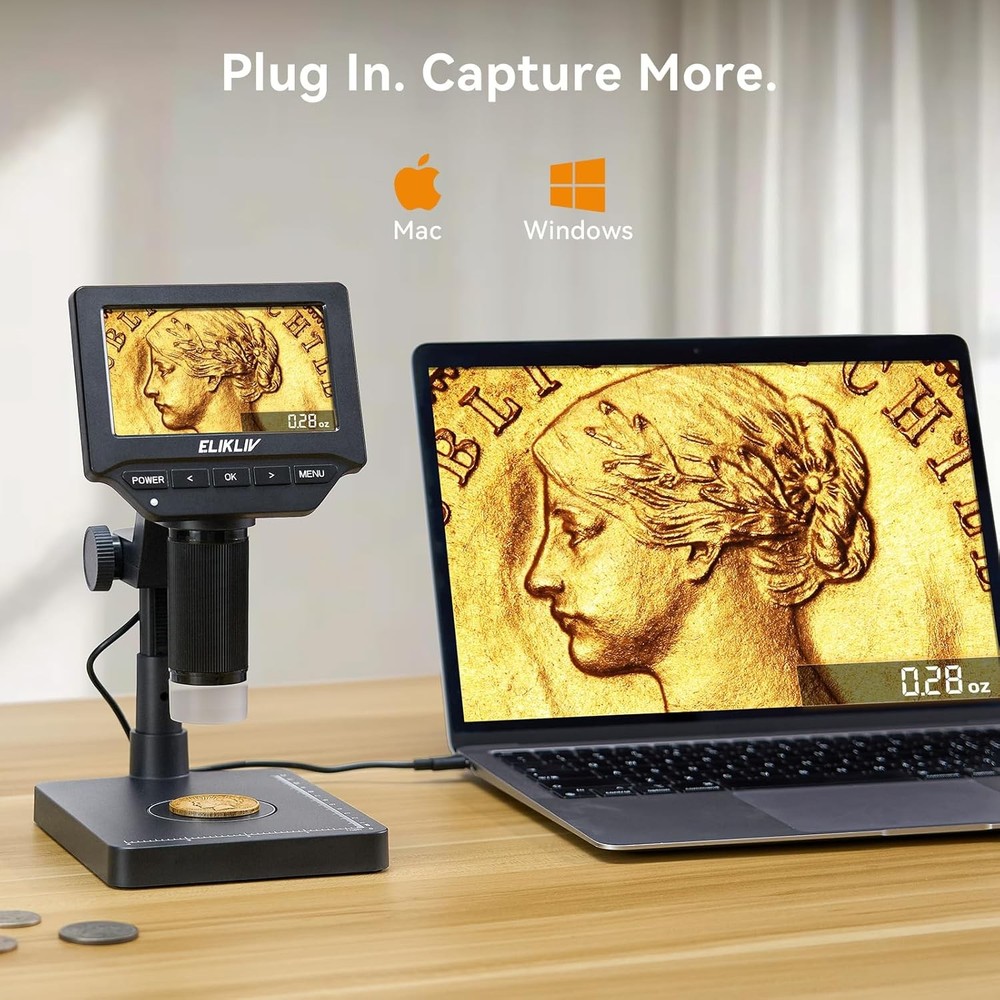 Coin Microscope with Scale：4.3" Digital Microscope, LED with Screen & Scale