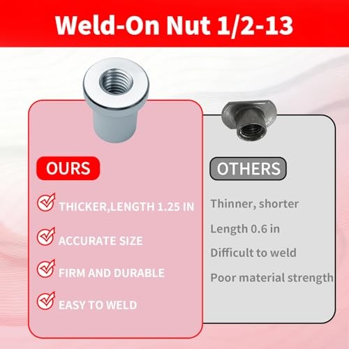 (5 Pcs) Weld-On Nut,1/2"-13 Thread, Extended Threaded 5pcs1/2"-13 Thread