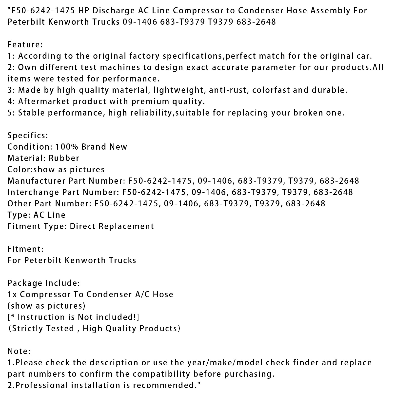 F50-6242-1475 HP Discharge AC Line Hose Assembly For Peterbilt Kenworth Trucks