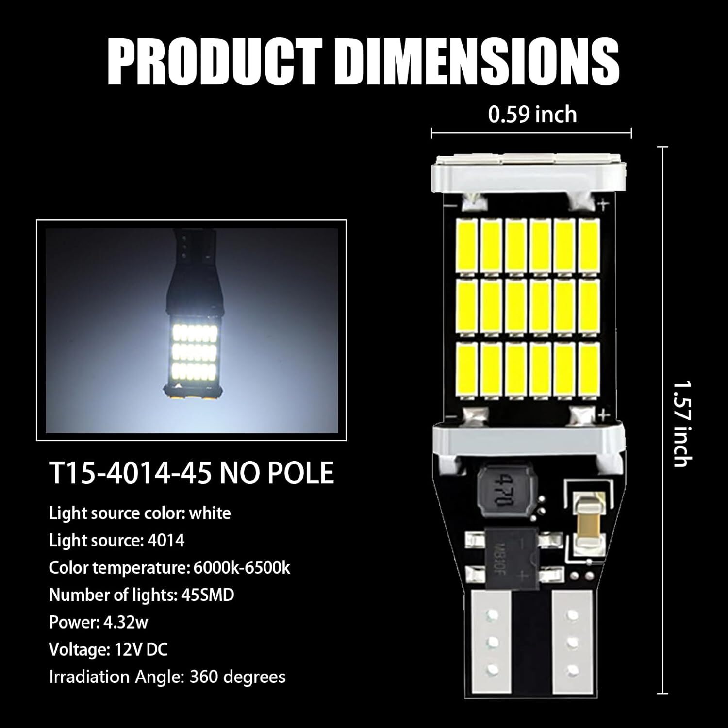 T15 921 912 LED Reverse Backup Light Bulbs W16W 916 6000K Super Bright White