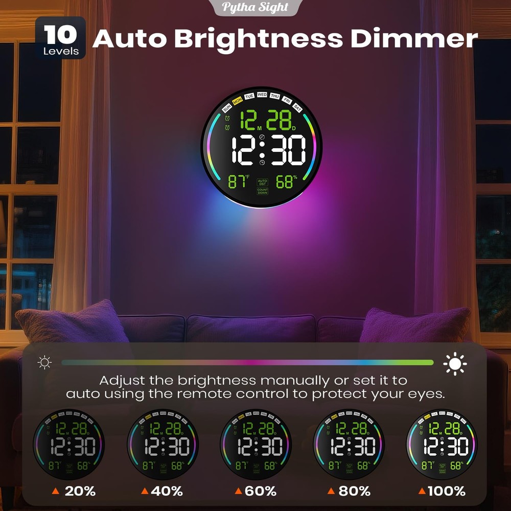 Large Digital Wall Clock with 10.3" LED Display,Alarm,Countdown Timer,DST,Tem...