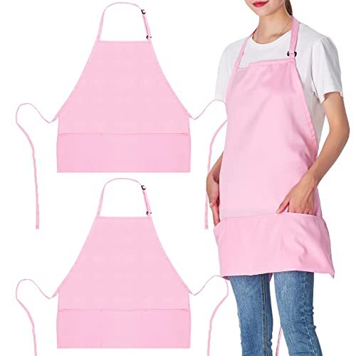 2 Pack 3 Pockets Adjustable Bib Apron Chef Kitchen Cooking Polyester Pink