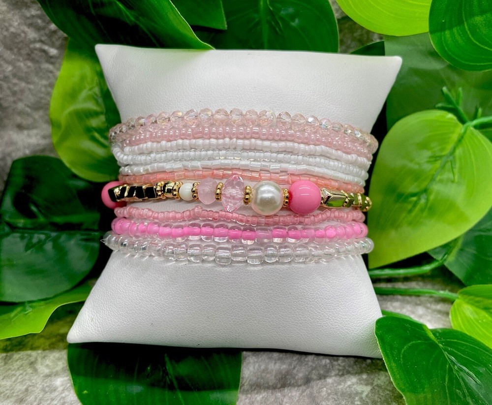 10 PC Handmade Boho Beaded Stackable 7.5” Plus Stretch Bracelet Set New A4902