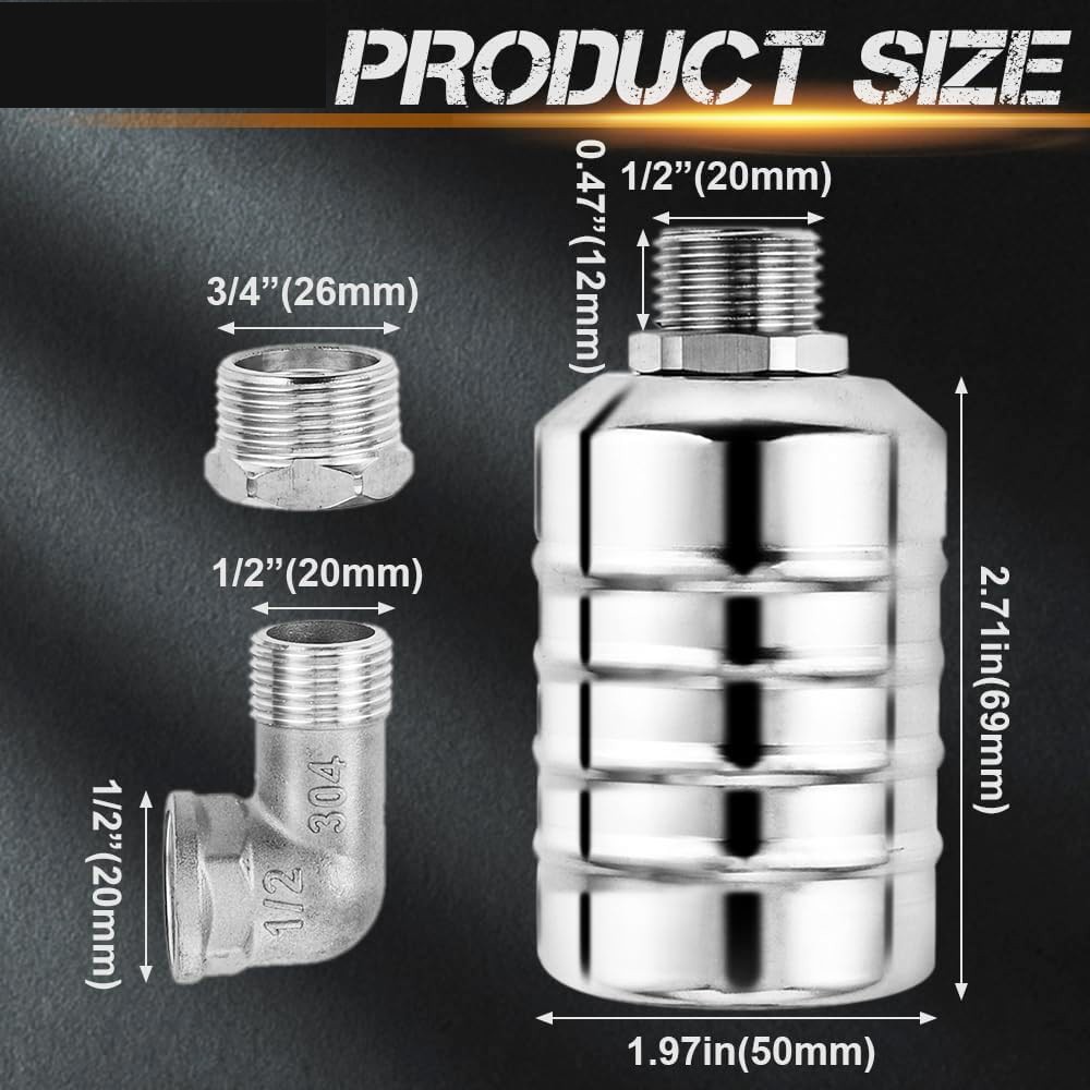 2Pcs Automatic Water Level Control Float Valve 304 Stainless Steel 1/2" & 3/4"