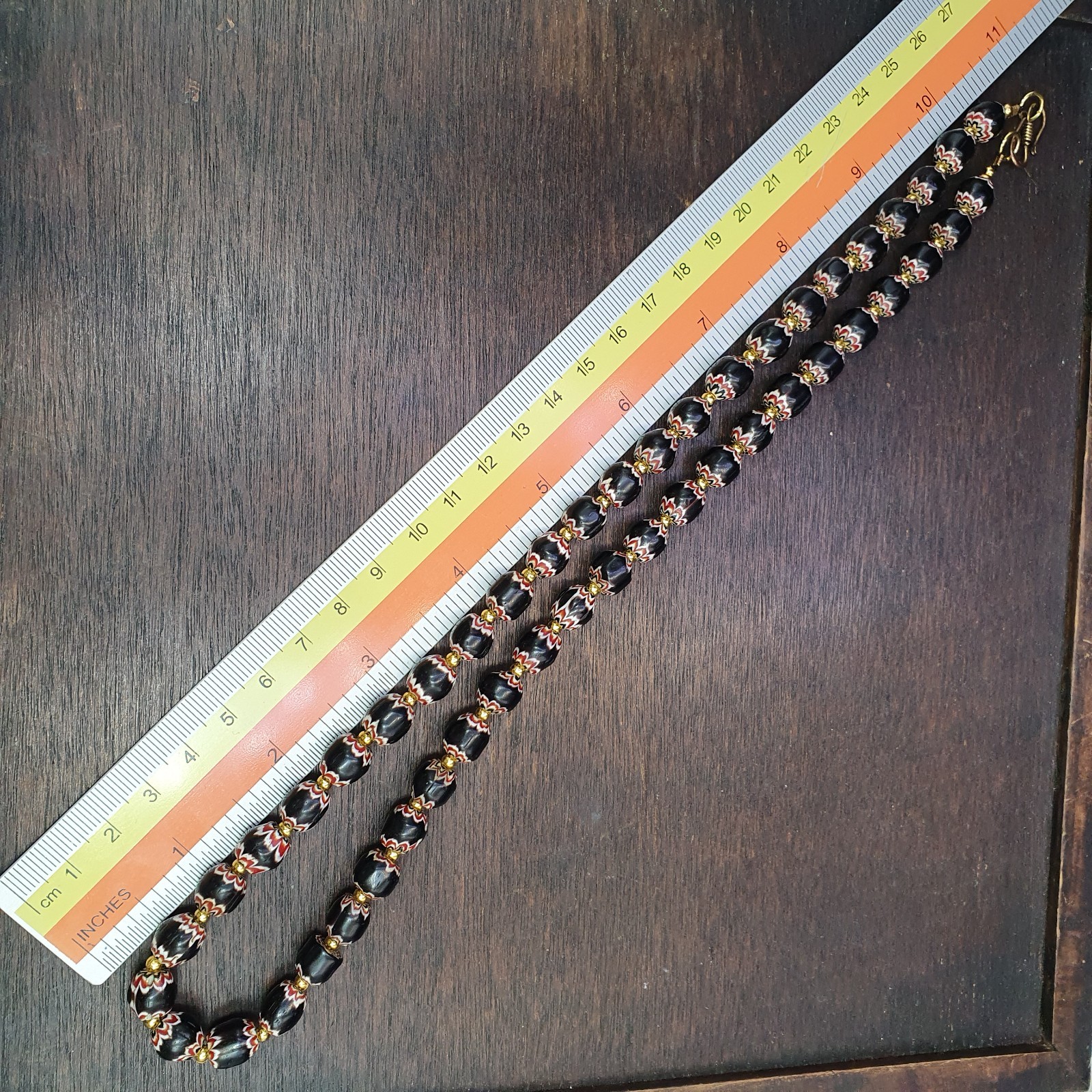 Vintage Venetian Style beads Old African black Glass Chevron Beads Long Strand