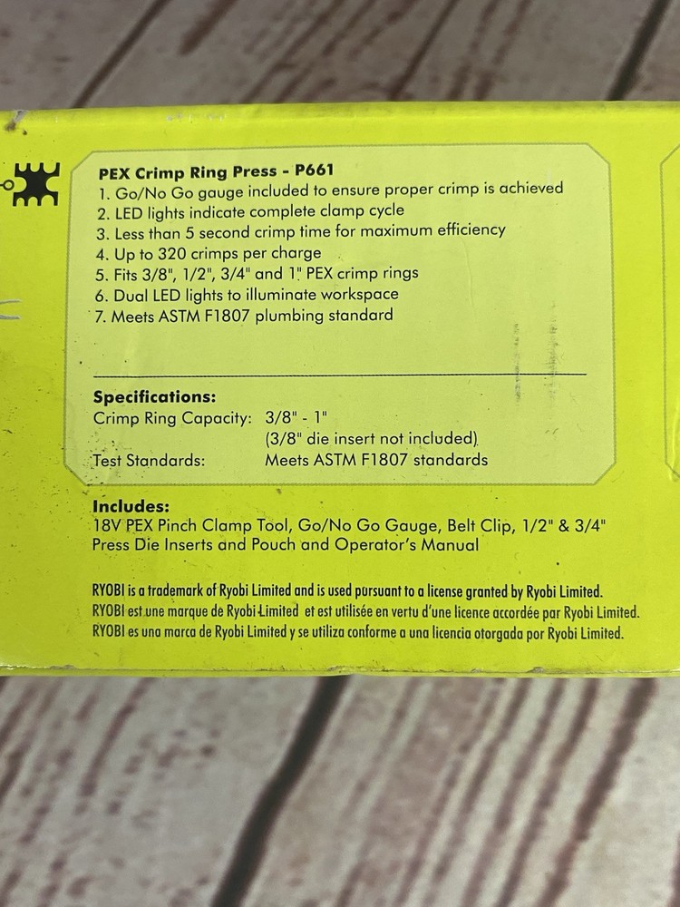 New Ryobi 18V PEX Crimp Ring Press Tool - Model: P661 - Tool Only