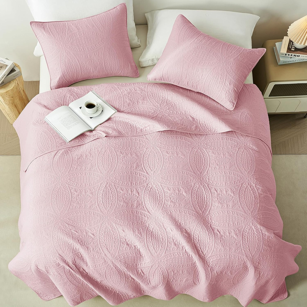 Full/Queen Quilt Set,Pink Lightweight Bedspread with Coin Pattern, Soft Microfib