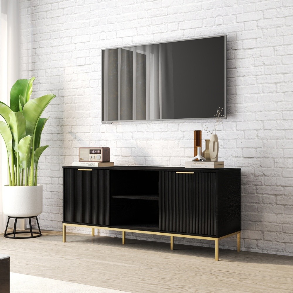 Mid Century Modern TV Stand w Wave Doors Gold Legs Soft Close